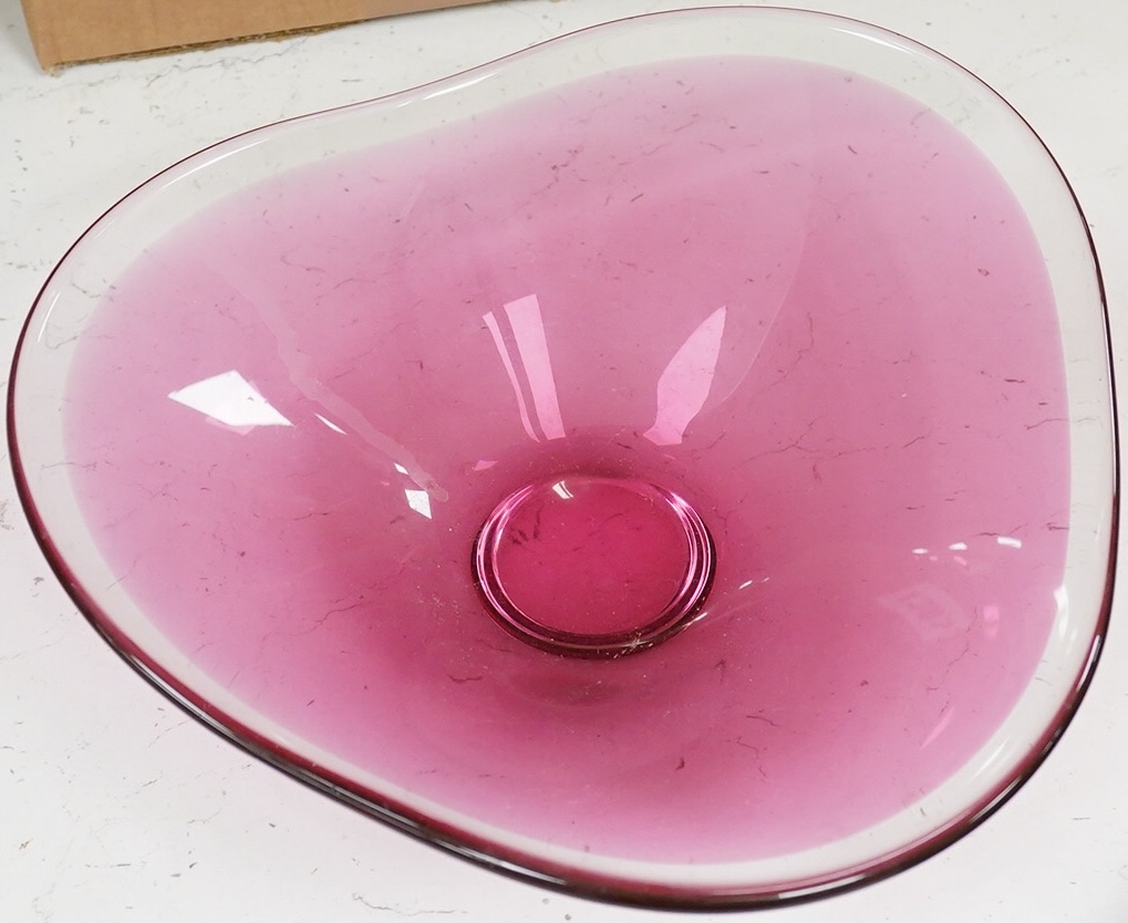 Michael Magyar, a cranberry glass dish, signed to the base, 26cm wide